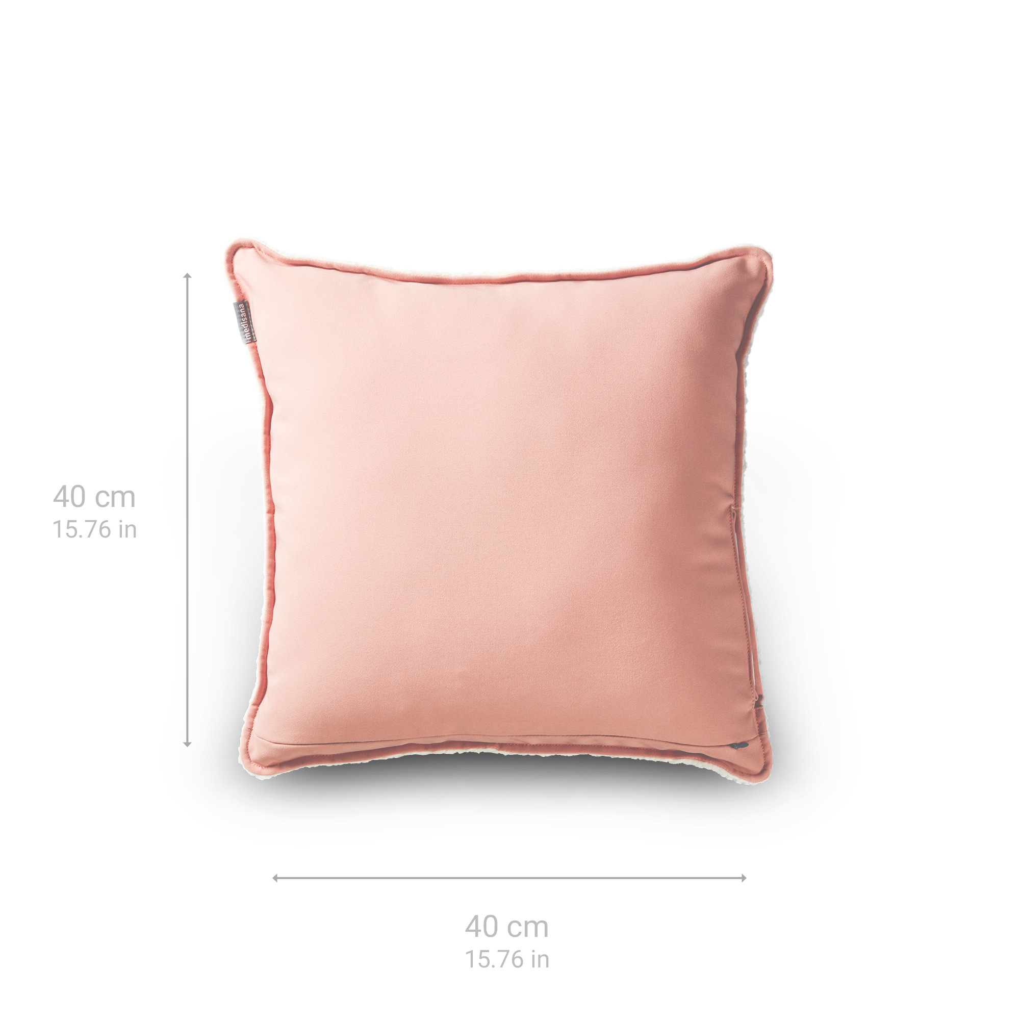 Ein quadratisches rosa Kissen auf weißem Hintergrund, mit Abmessungen in cm und Zoll.