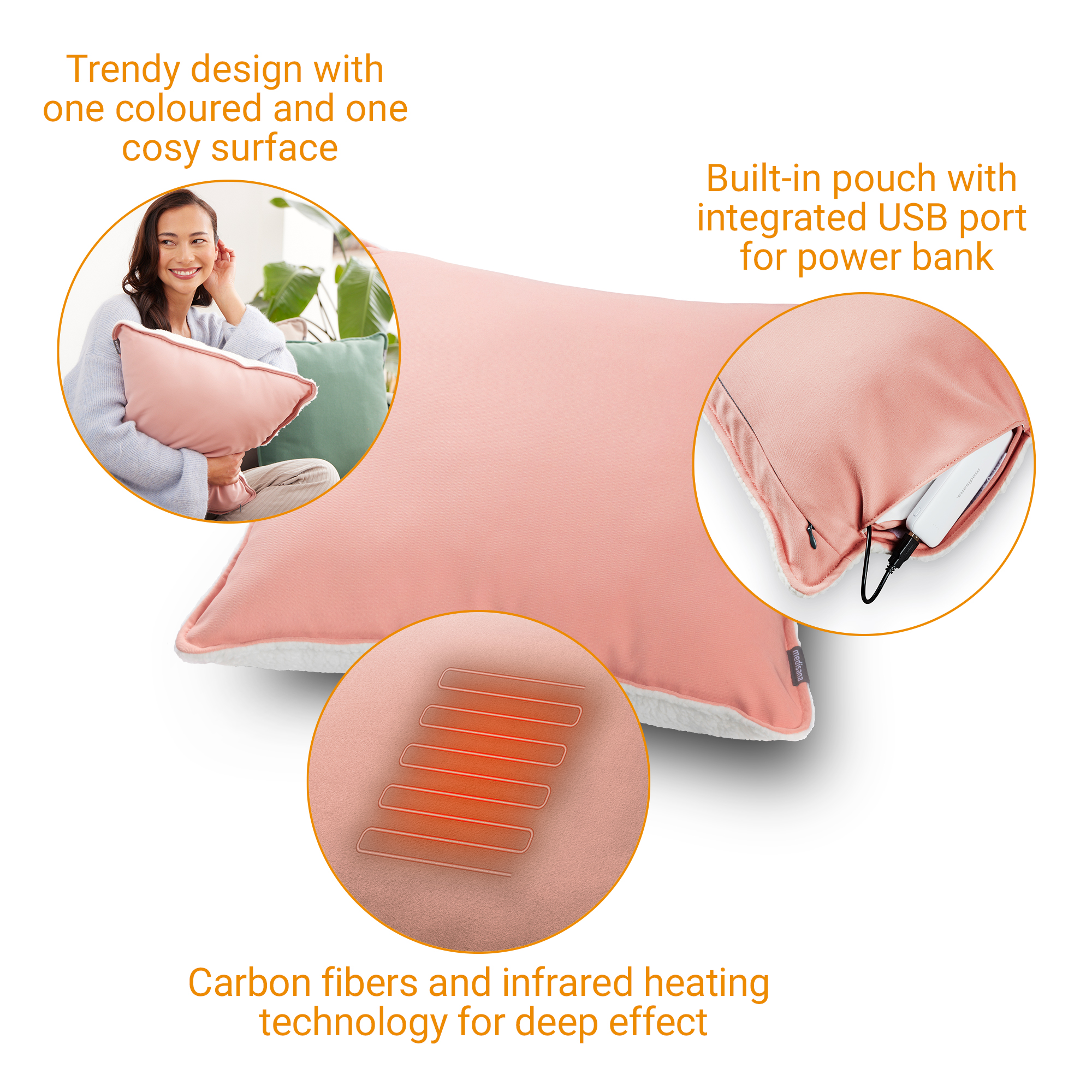 Pinkes Kissen mit Infos zu USB-Port und Infrarot-Heiztechnologie.