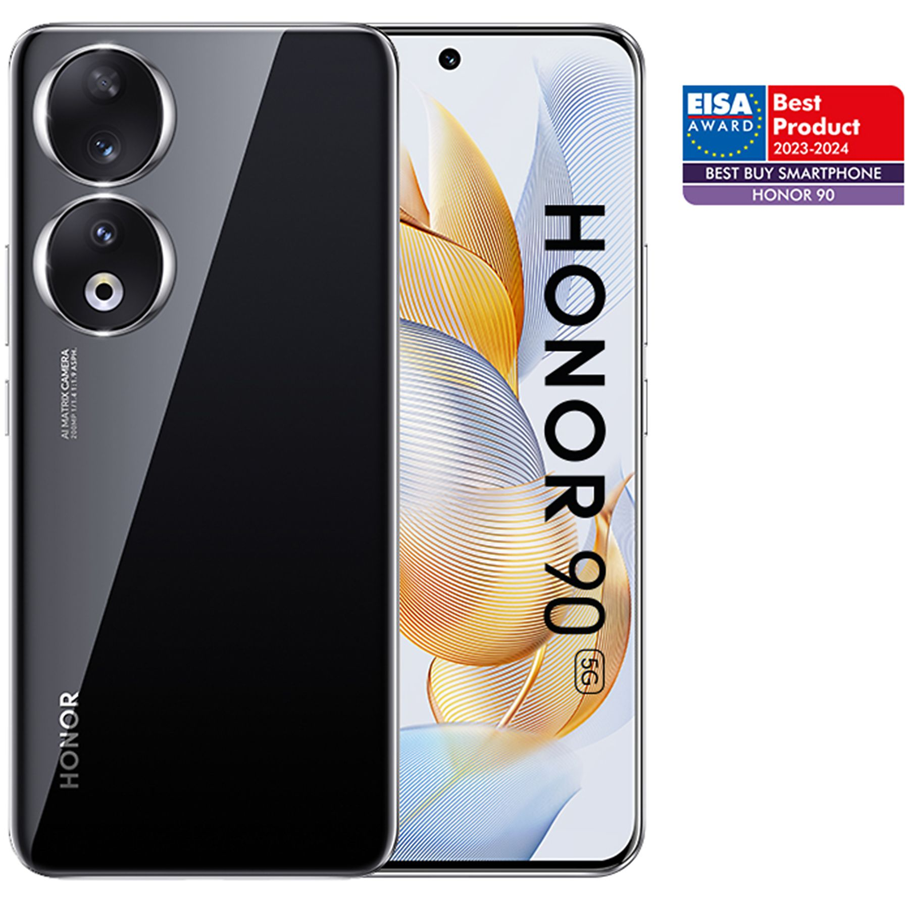 Nahaufnahme eines schwarzen Honor 90-Telefons. Es hat zwei Kameralinsen und einen Bildschirm mit Text. Ein Auszeichnungsabzeichen ist sichtbar.