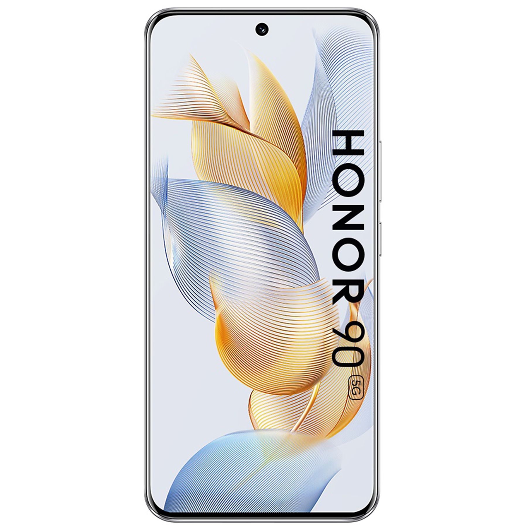 Smartphone mit buntem, abstraktem Design. Das Display zeigt 'HONOR 90 5G'.