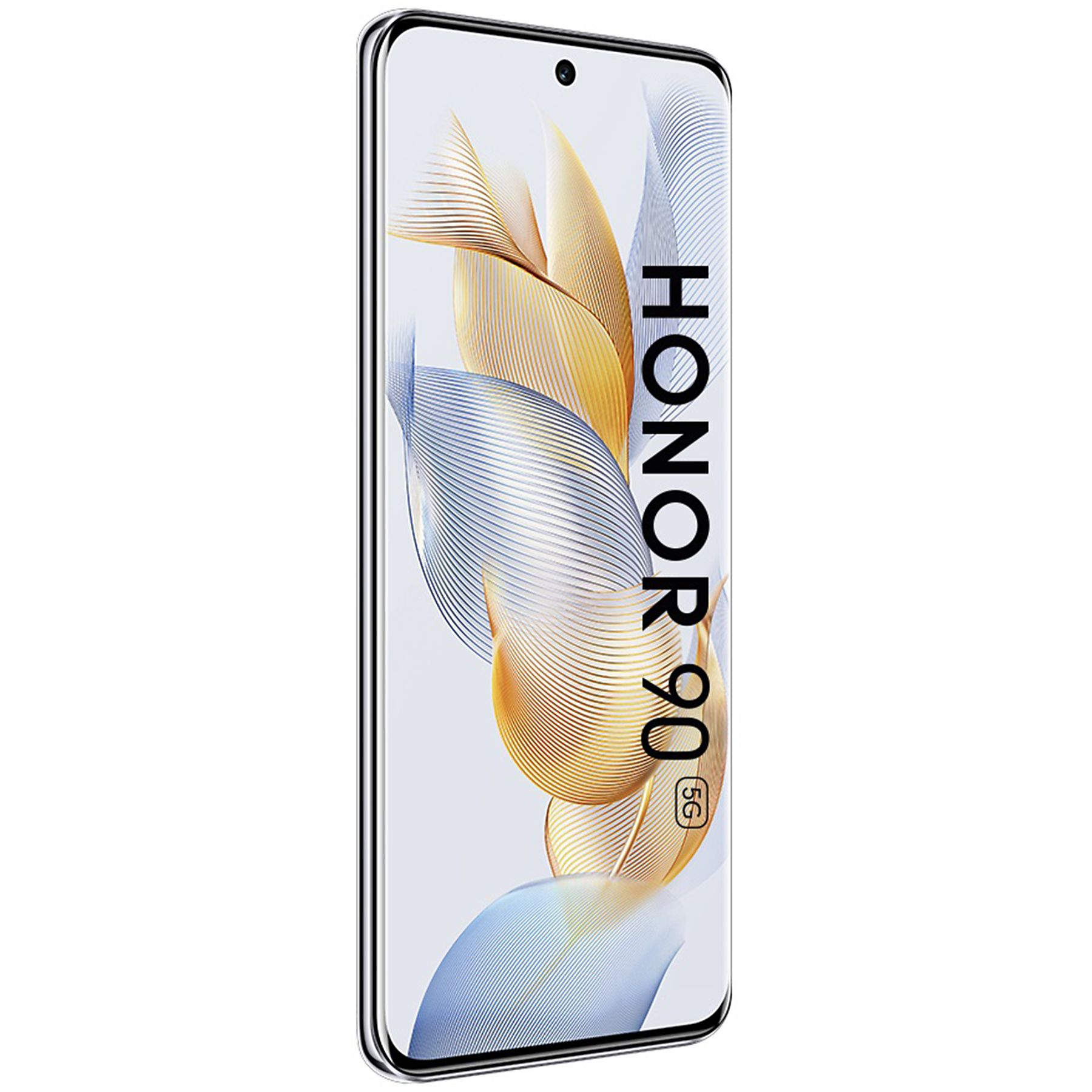 Smartphone mit weißem Bildschirm und den Worten HONOR 90 5G. Es hat einen weißen Hintergrund.
