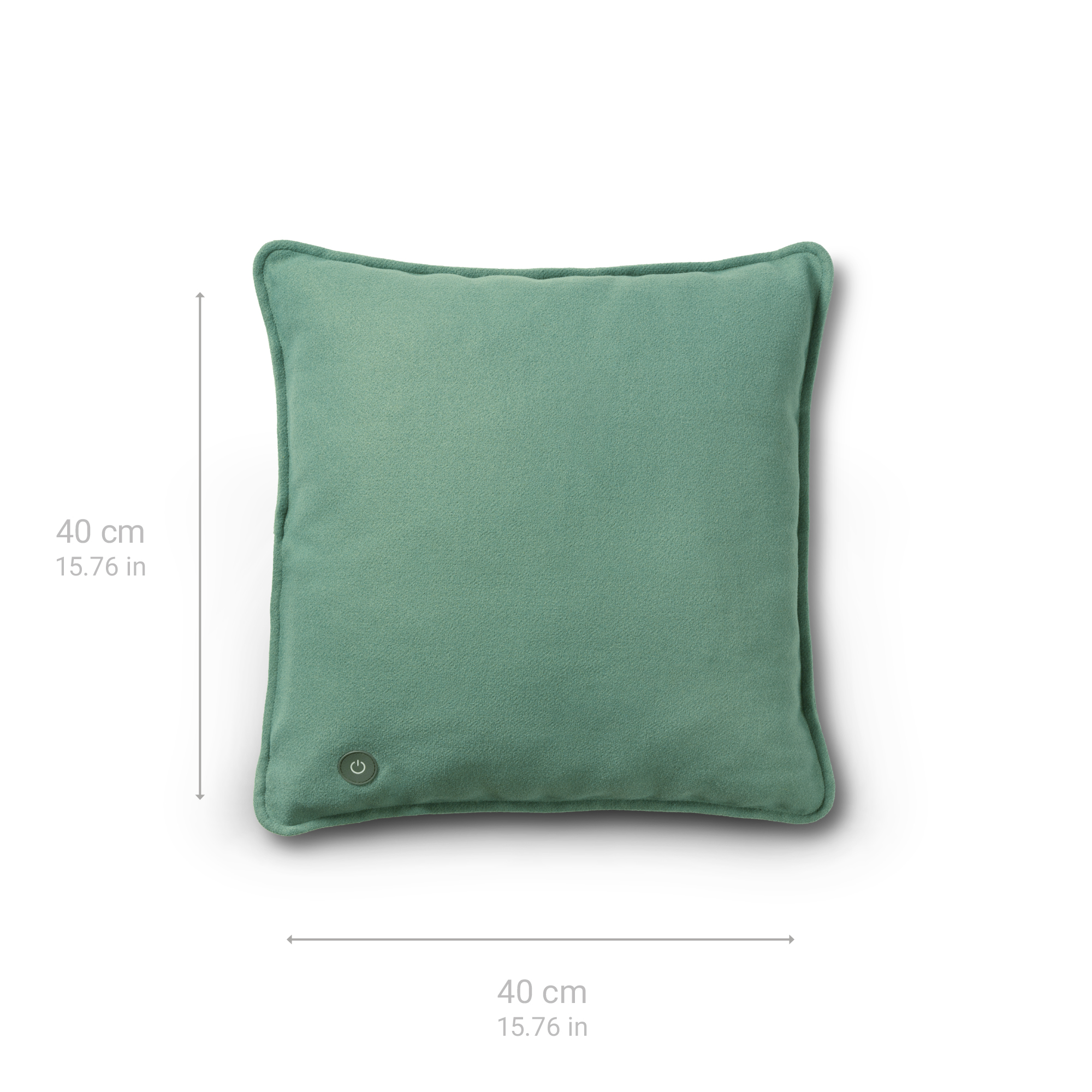 Cojín cuadrado verde con botón de encendido. Dimensiones 40x40 cm.