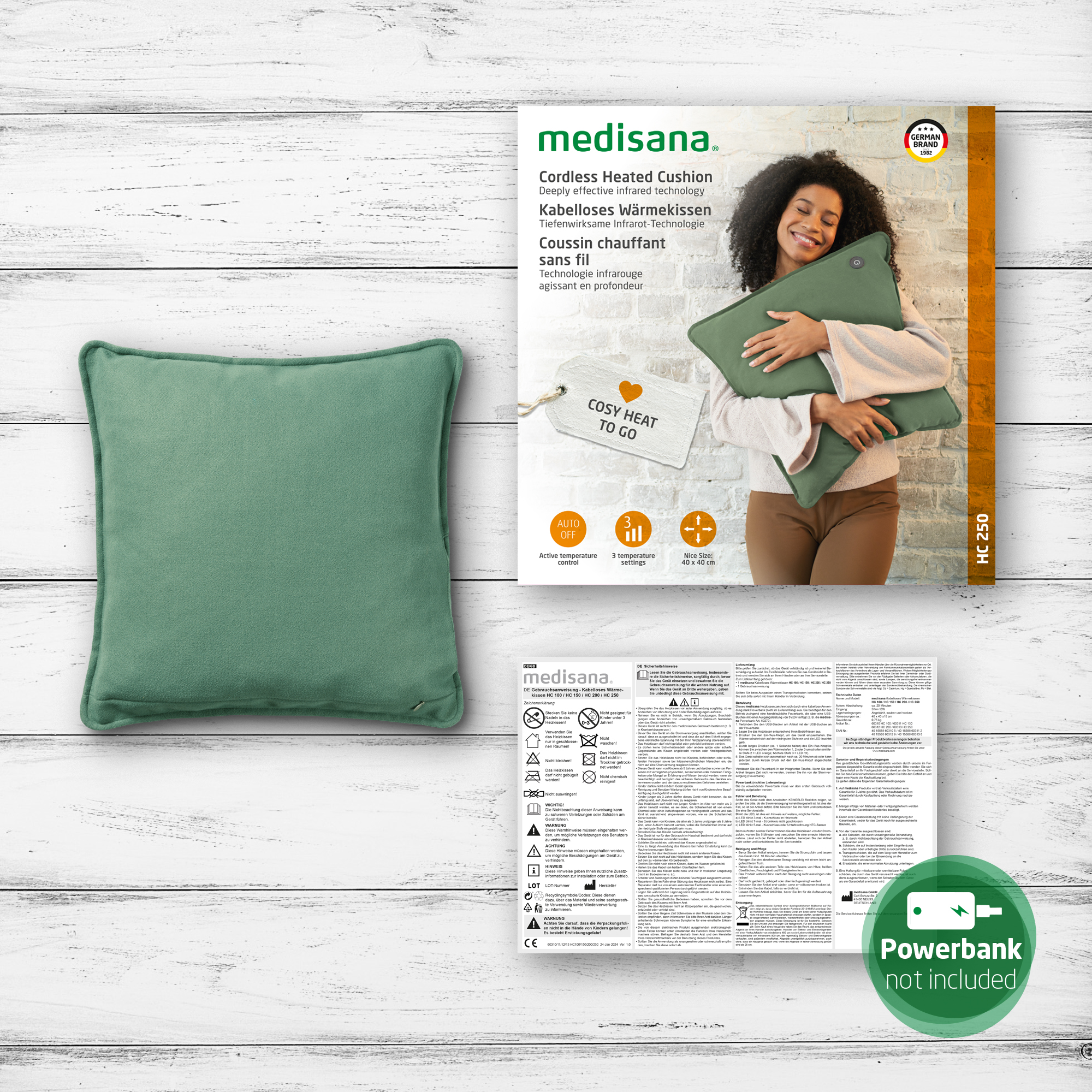 Un cojín verde calefactado y una mujer sosteniendo un cojín similar con detalles del producto.