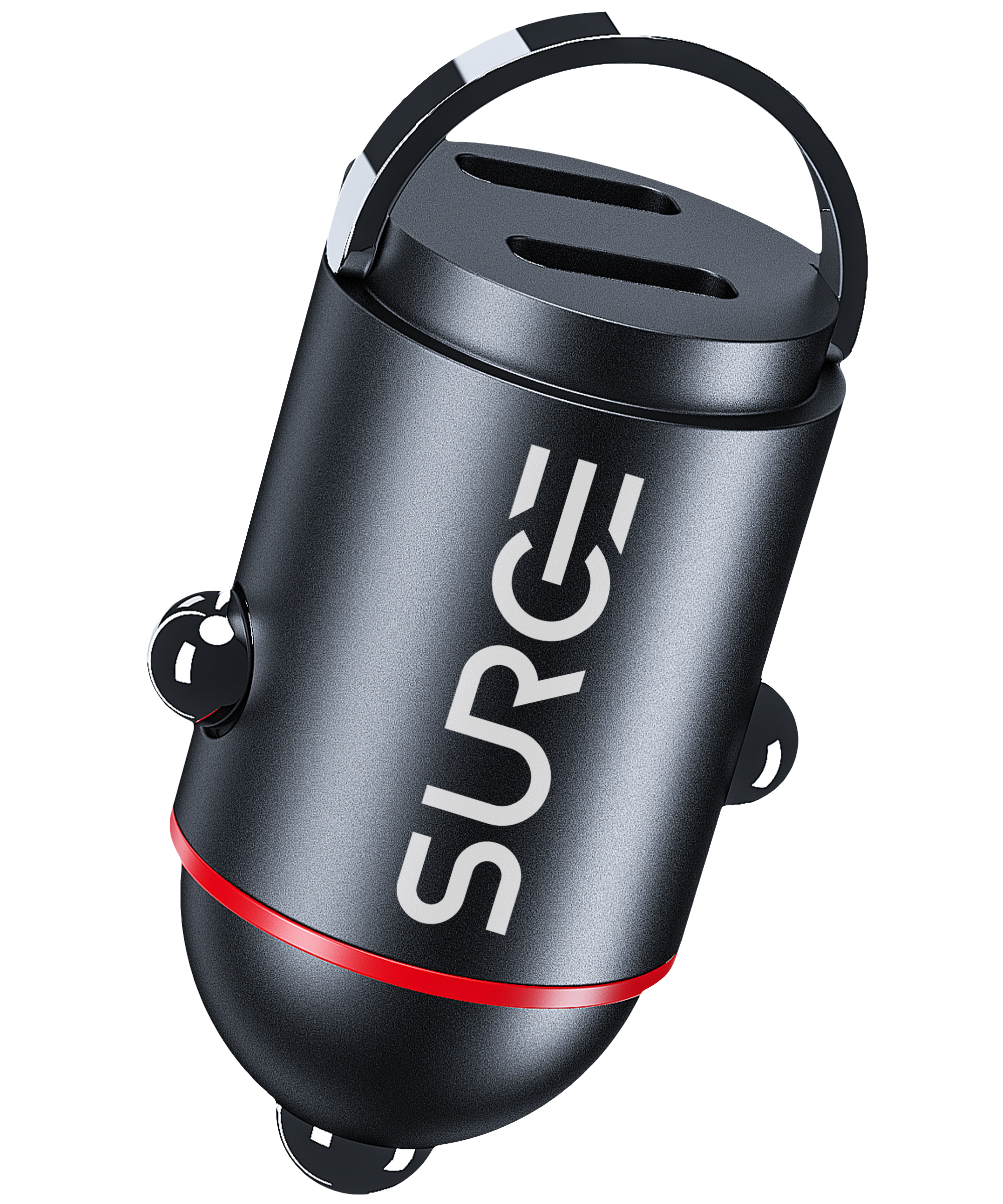 Zwarte en rode autolader met twee USB-poorten.