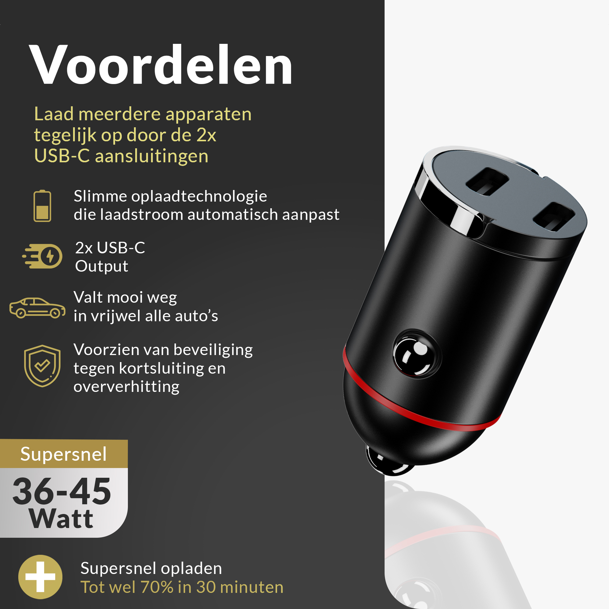 Zwarte autolader met meerdere USB-poorten, functies en voordelen worden vermeld.
