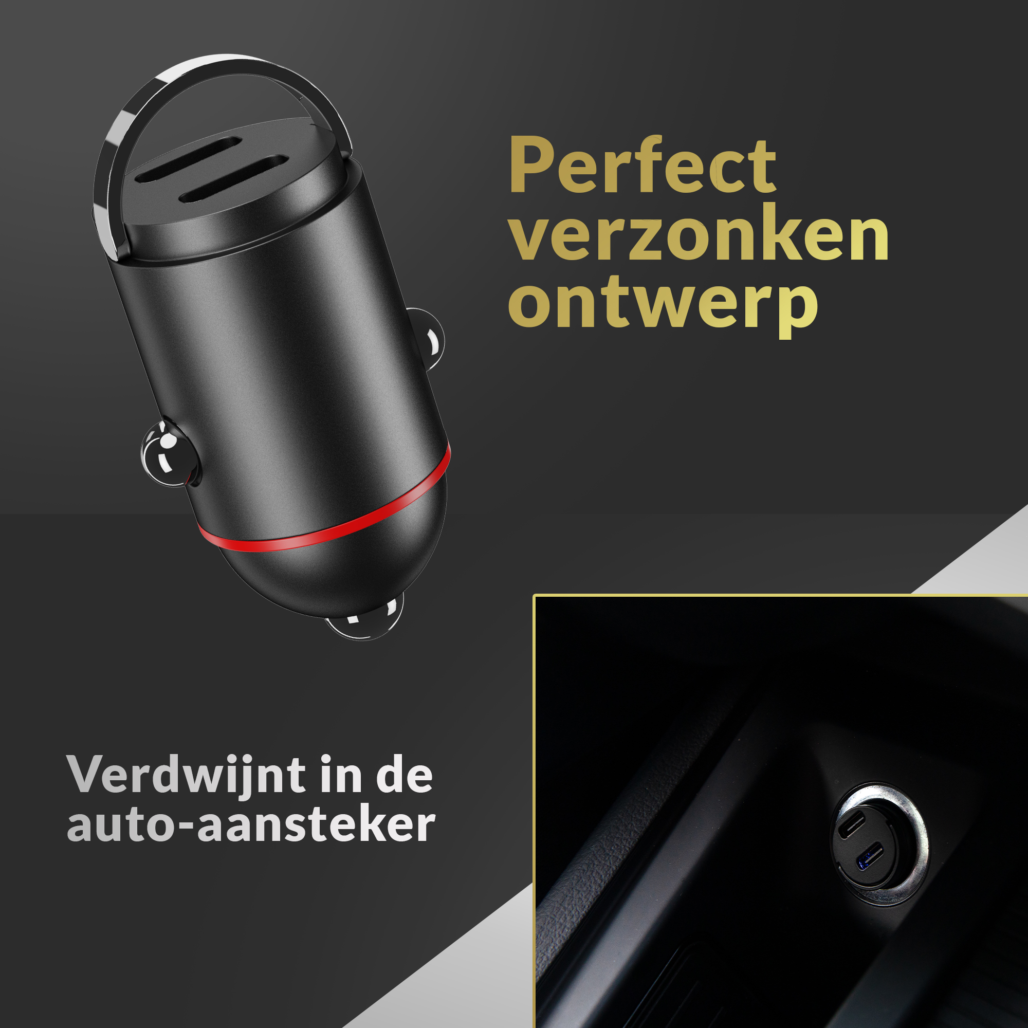 Een autolader wordt weergegeven, met een rode ring en tekst die aangeeft dat hij in de auto past.