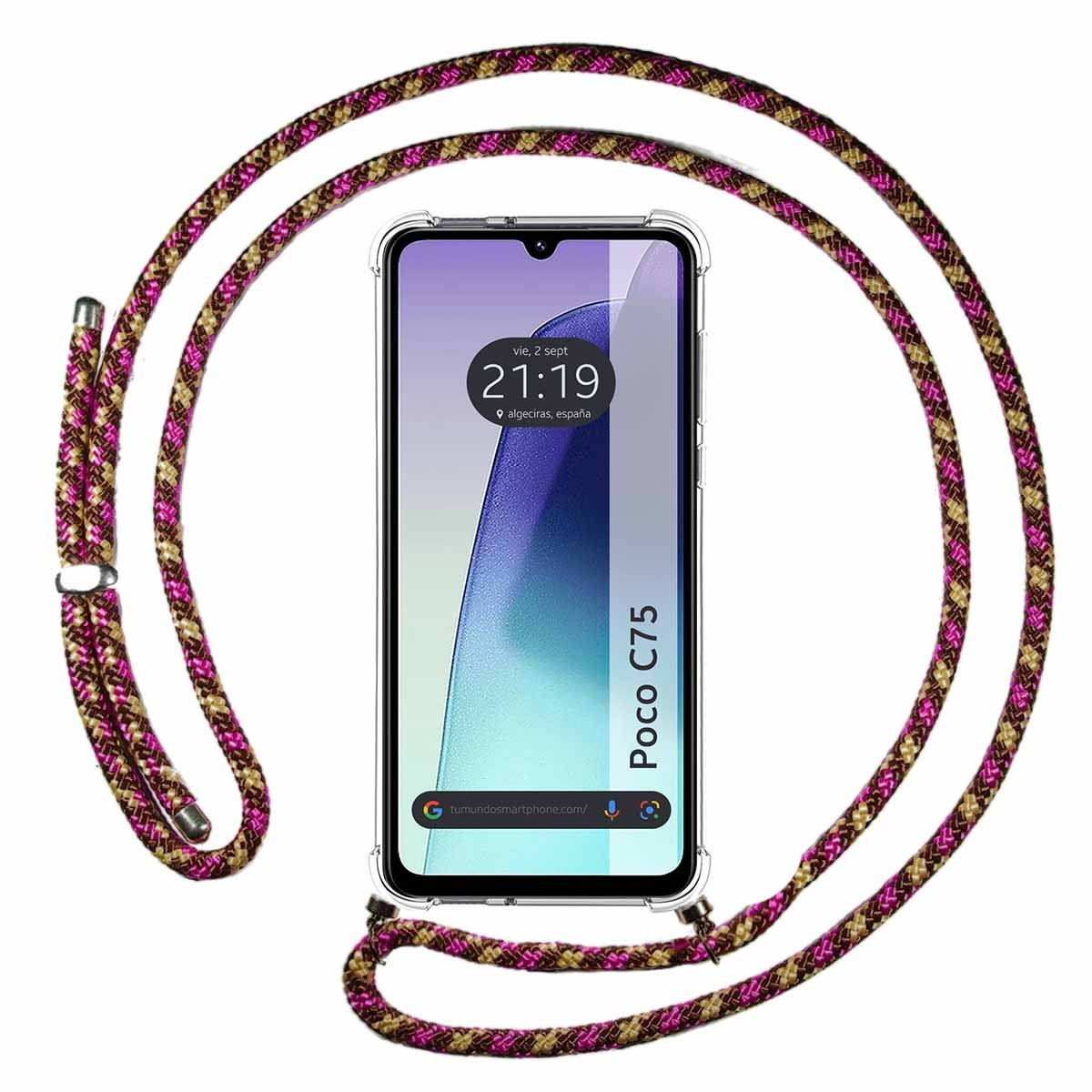 Smartphone con cordino e custodia, con visualizzazione dell'ora.
