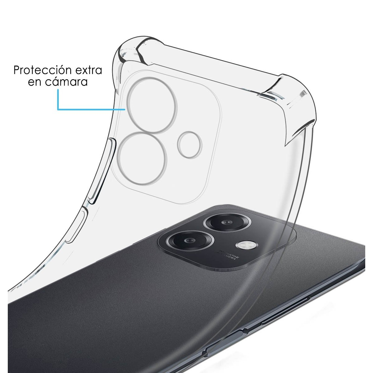Custodia trasparente sul telefono, con primo piano delle lenti della fotocamera. Sfondo bianco.