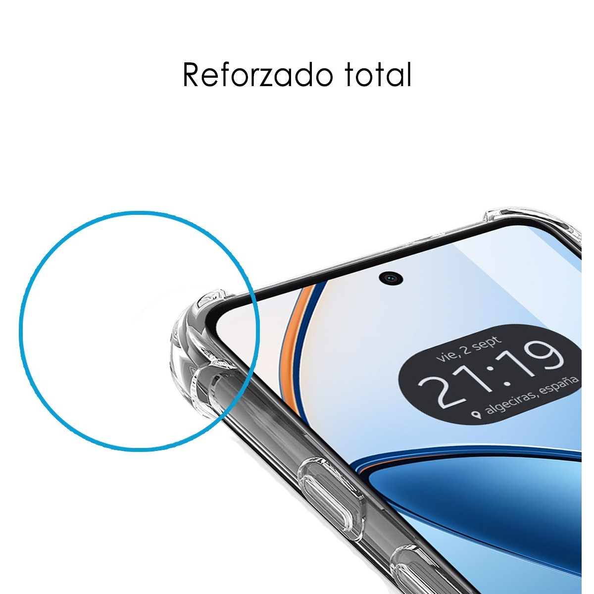 Una custodia per telefono con un contorno su un telefono con una custodia protettiva trasparente.
