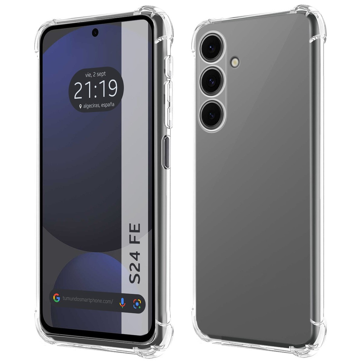 Telefono in custodia protettiva trasparente, che mostra il dispositivo.