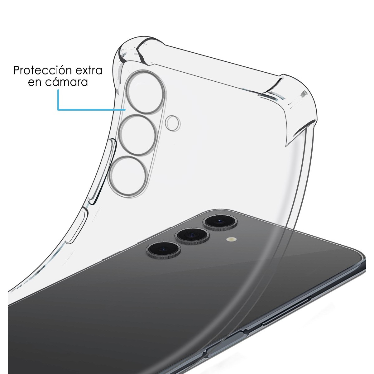 Custodia trasparente su un telefono nero, con protezione extra per la fotocamera.