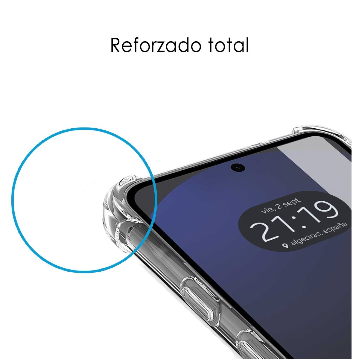 L'immagine mostra un primo piano di una custodia per telefono con un design trasparente. Lo schermo del telefono è visibile.