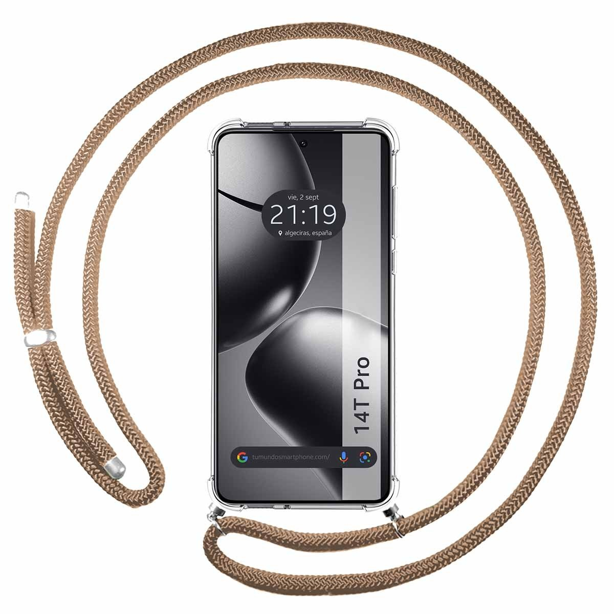 Smartphone con custodia a corda marrone, mostra ora e data.