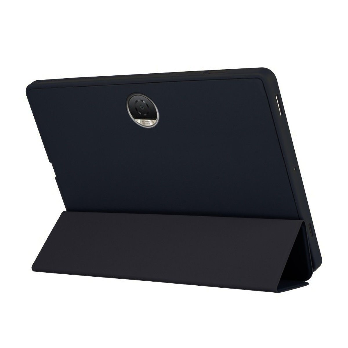 Una tableta negra en un soporte. La tableta está en una funda negra.