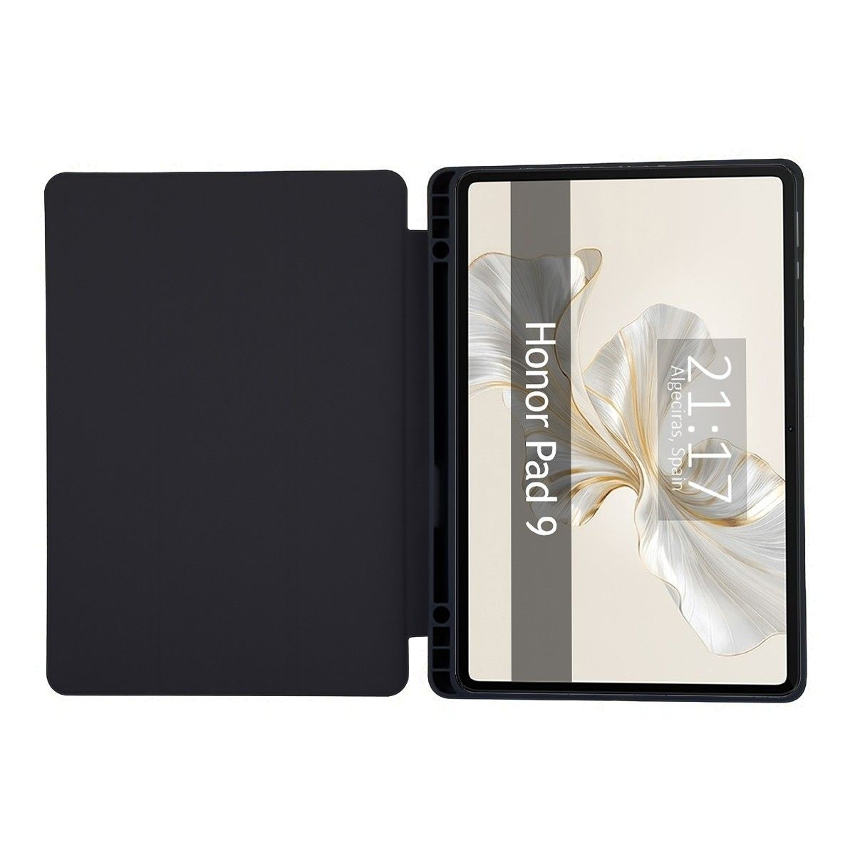 Tableta negra en funda negra, pantalla muestra diseño floral, hora, fecha y ubicación.