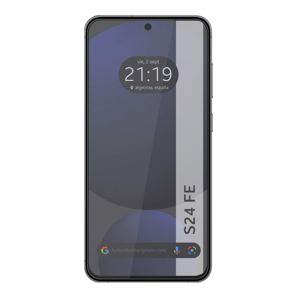 Teléfono con pantalla mostrando hora y fecha, con fondo gris y blanco. Las palabras 'S24 FE' se muestran.