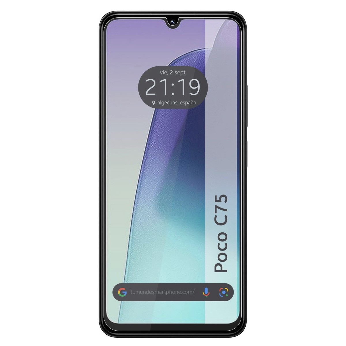 Uno schermo del telefono che mostra l'ora e il luogo: 21:19, algeciras, españa e il logo Poco C75.