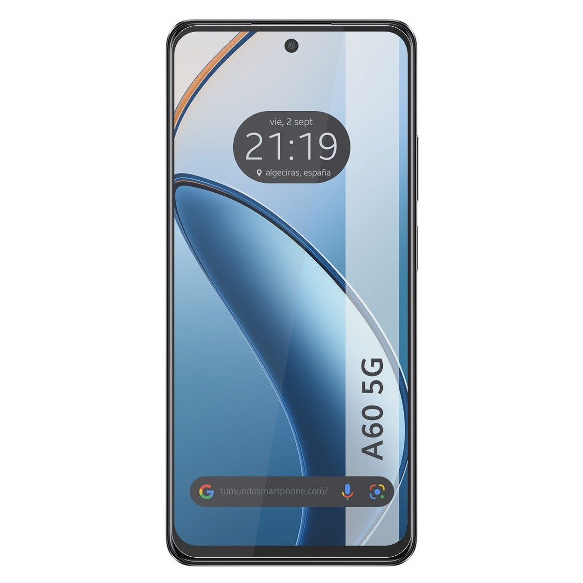 Smartphone che mostra l'ora (21:19) e la posizione ad Algeciras, Spagna. Modello A60 5G.