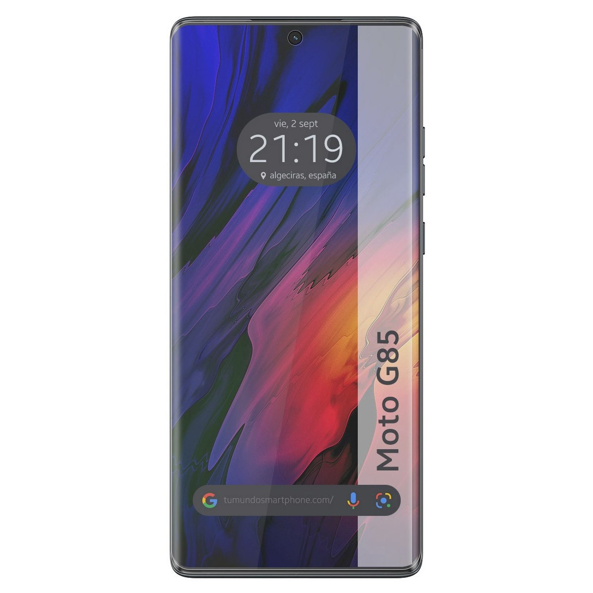 Smartphone con schermo che mostra una data e uno sfondo astratto colorato.
