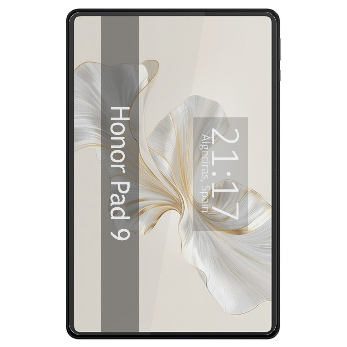 Una pantalla de tableta que muestra un diseño floral con el texto Honor Pad 9.