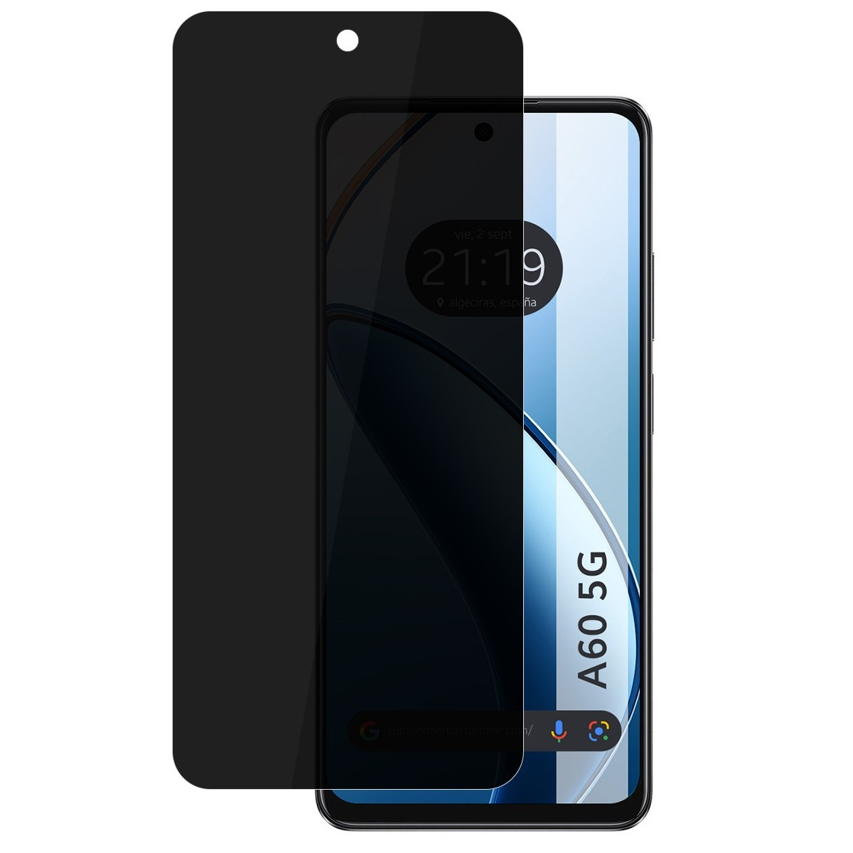 Telefono A60 5G con una protezione schermo privacy. Lo schermo mostra ora, data e sito web. Nero.