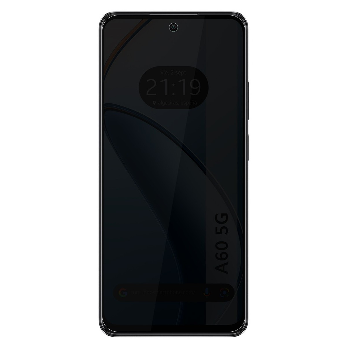 Uno smartphone che mostra ora e data su uno schermo nero con un design blu.