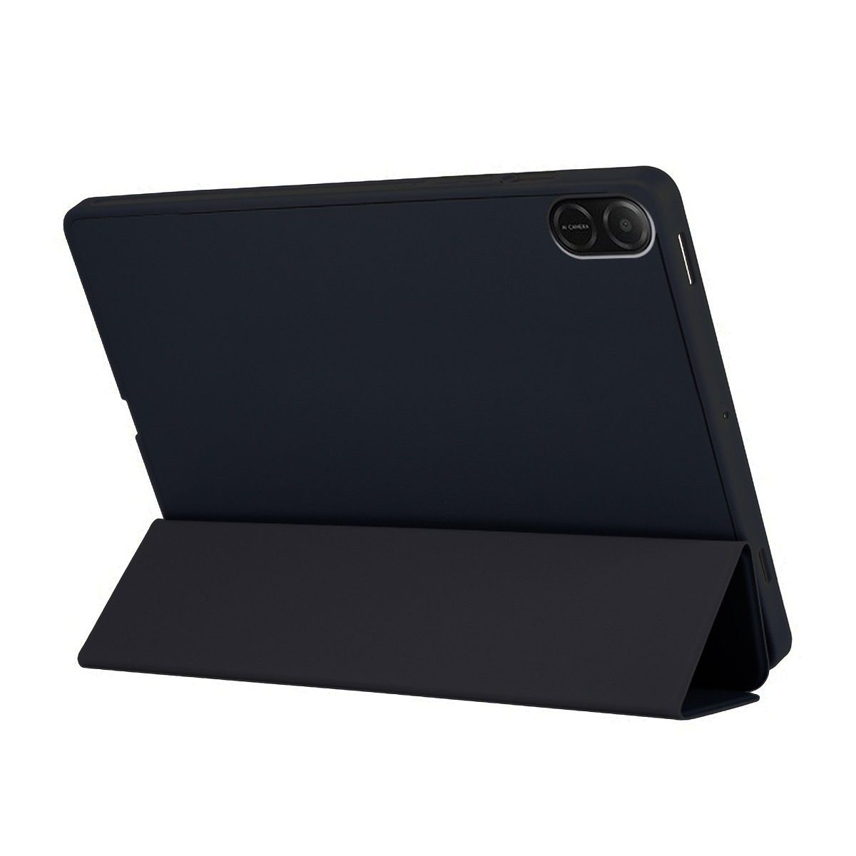 Un tablet nero su un supporto nero con una cover nera.
