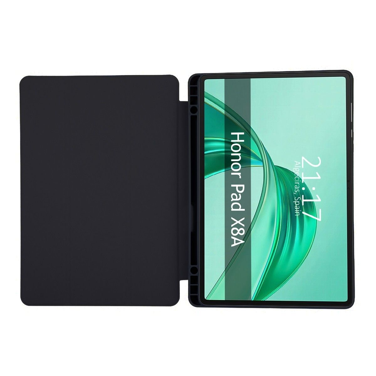 Tablet nero in una custodia, mostra onda verde e nome del marchio.