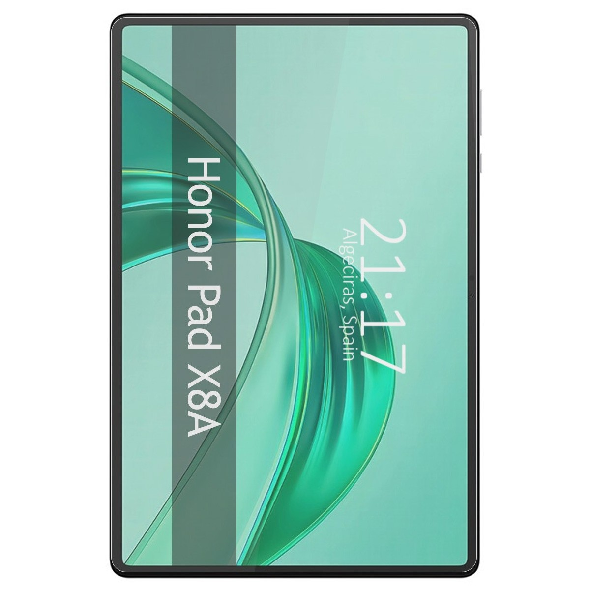 Una tableta que muestra un reloj y el texto "Honor Pad X8A". El fondo es verde claro.