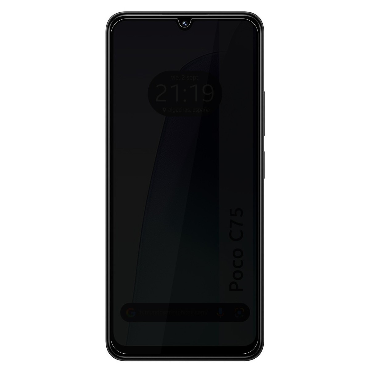 Schermo nero dello smartphone che mostra l'ora. Poco C75 scritto verticalmente a destra.