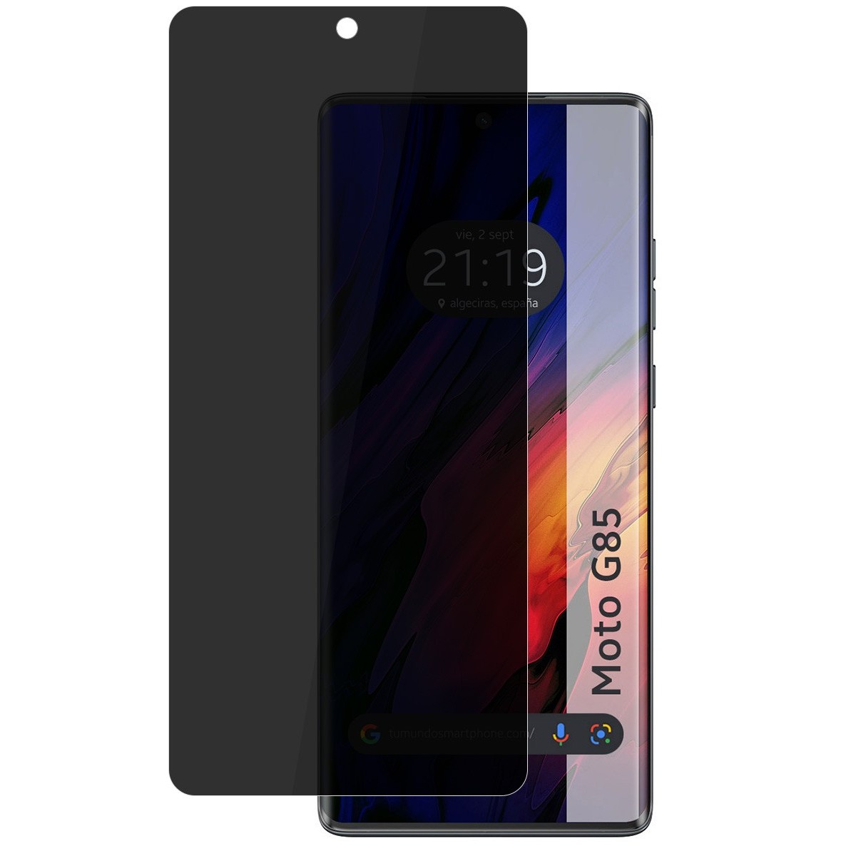 Proteggi schermo con telefono Moto G85. Vetro scuro. Proteggi schermo nero.