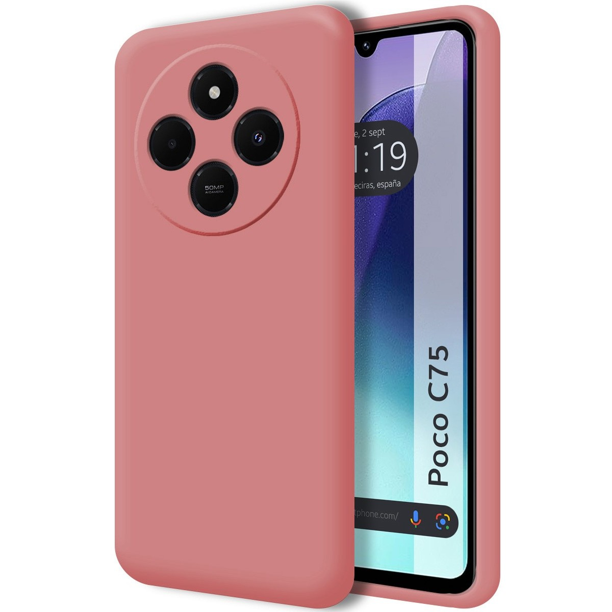 Una custodia per telefono rosa con un telefono all'interno. Il telefono ha tre obiettivi della fotocamera sul retro.