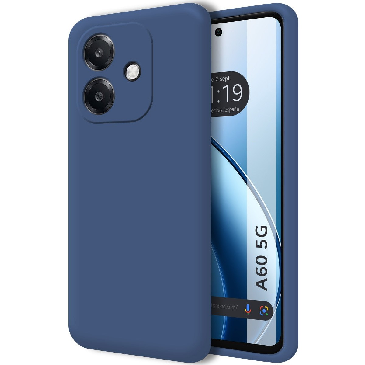 Telefono A60 5G in una custodia blu. Lo schermo mostra ora, data e sito web. Telefono nero con schermo nero.