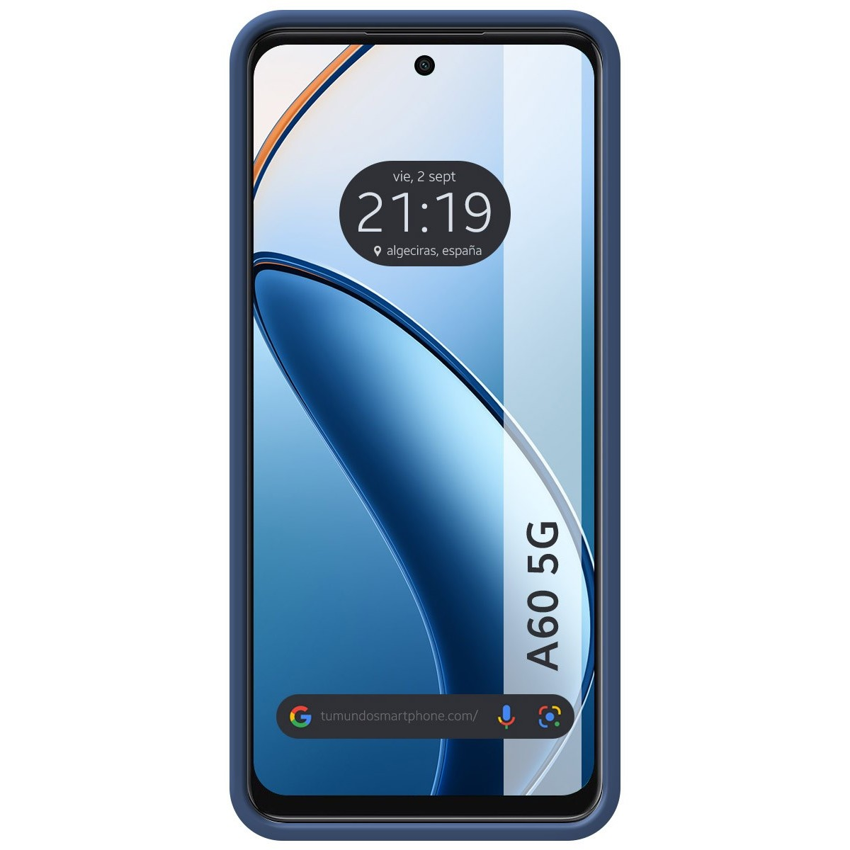 Un telefono blu con schermo trasparente che mostra ora e data su sfondo blu e bianco.