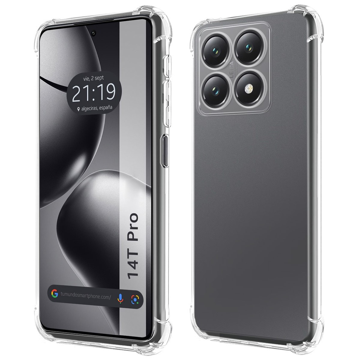 Due smartphone in custodie trasparenti, uno con ora e data, l'altro con fotocamere.