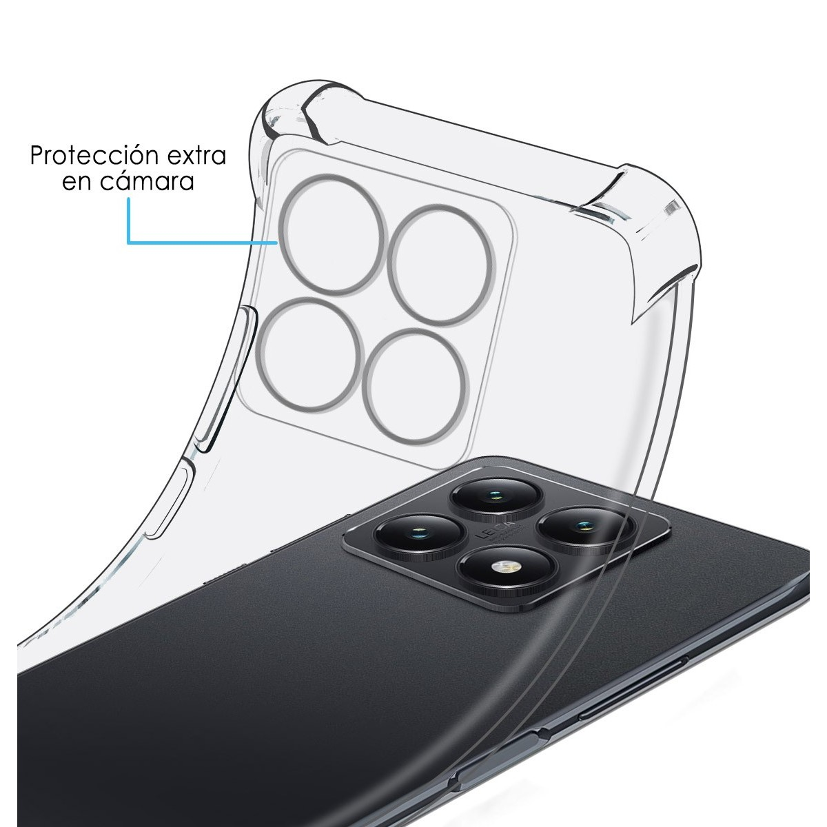 Uno smartphone con una custodia protettiva trasparente sul retro.