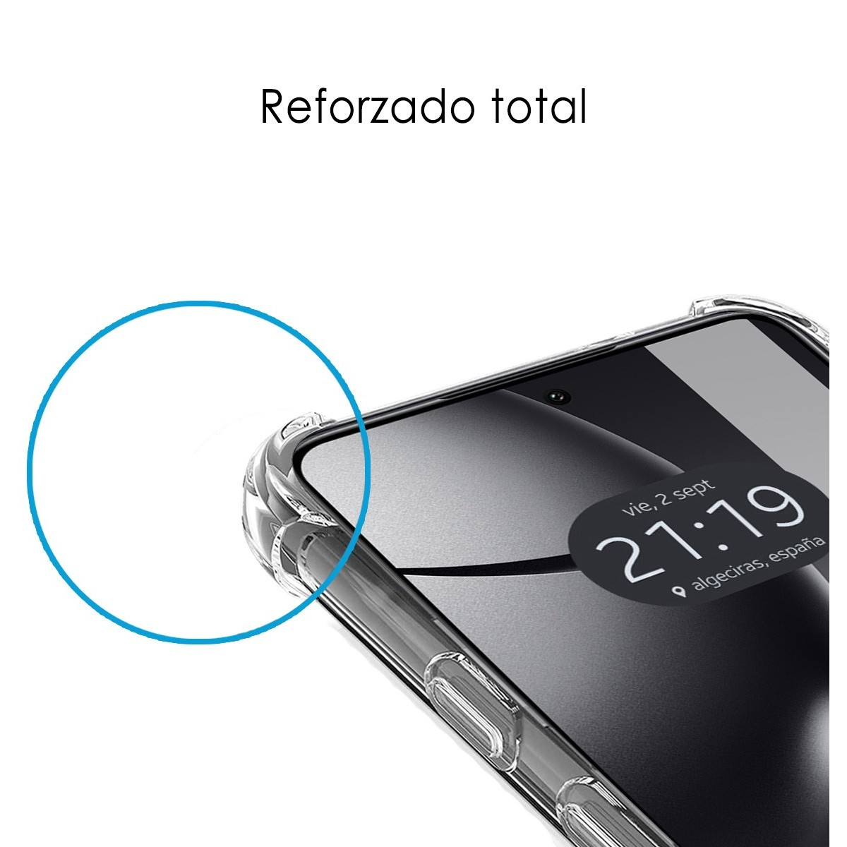 Schermo del telefono con ora e data. Custodia trasparente e cerchio blu nell'angolo sinistro.