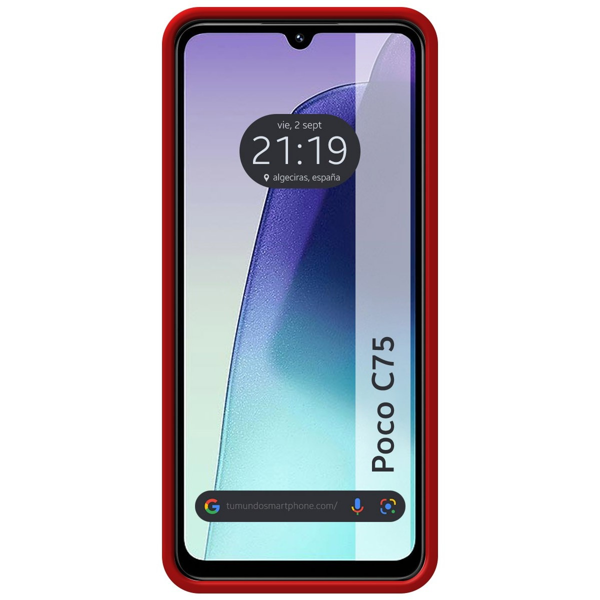 Una custodia rossa per telefono con testo Poco C75 e ora e posizione sullo schermo.