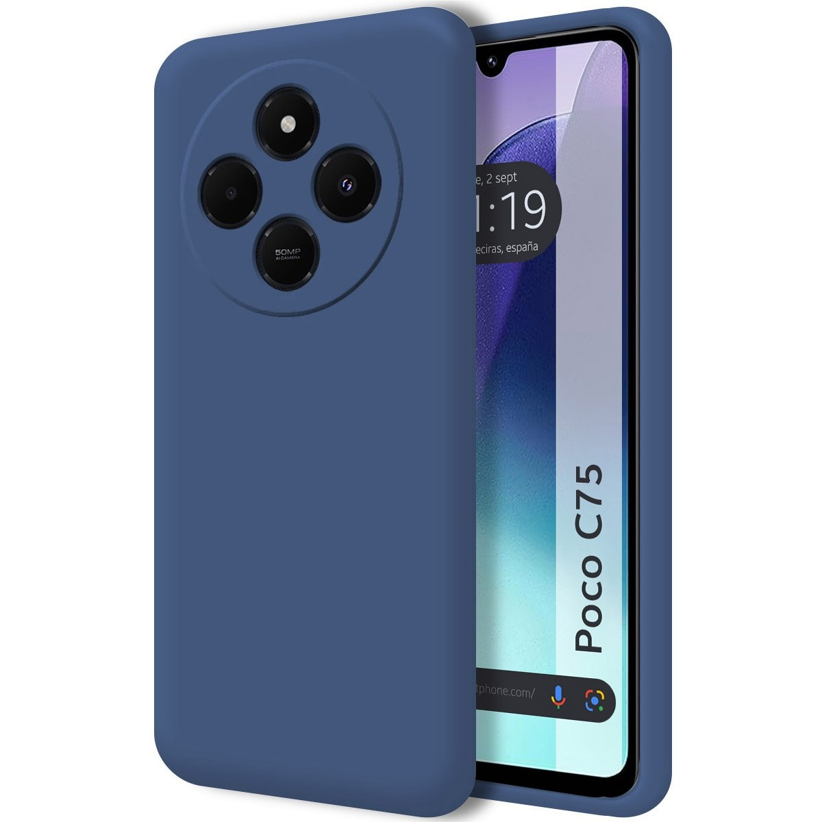 Una custodia blu copre uno smartphone. La custodia ha ritagli per la fotocamera.