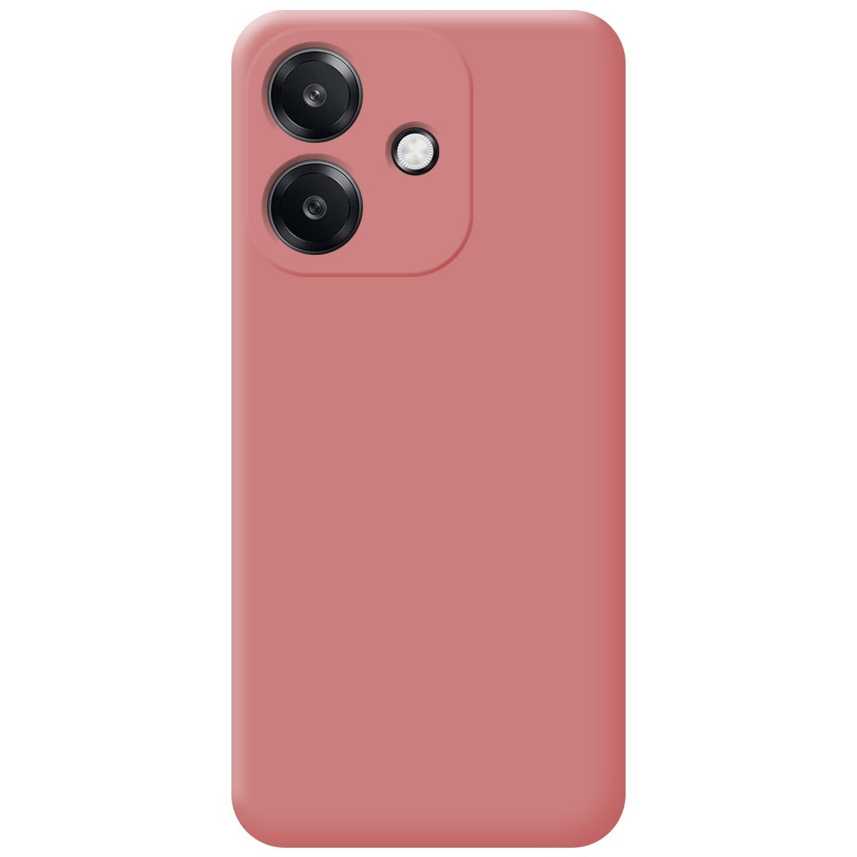 Una custodia rosa per telefono con due fotocamere e un flash, che mostra il retro del telefono.