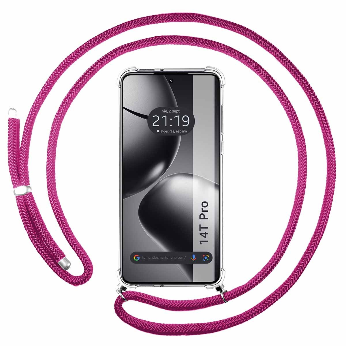 Telefono con custodia trasparente e cordino rosa. Lo schermo mostra la data e l'ora.