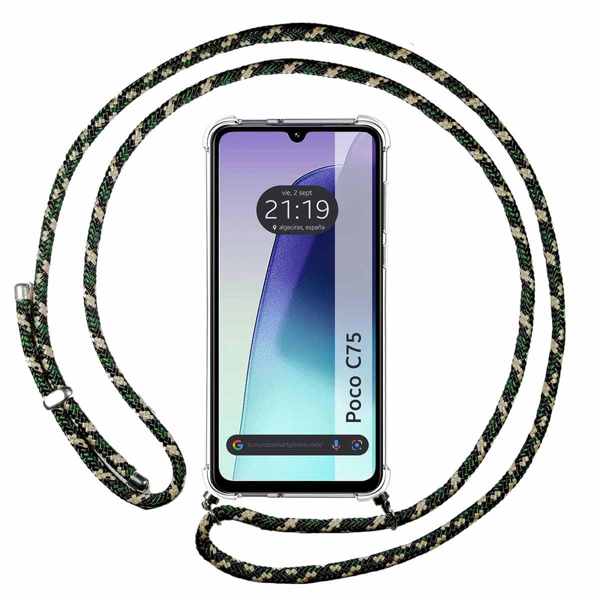 Telefono con cinturino verde e nero. Il telefono mostra ora e posizione sullo schermo.