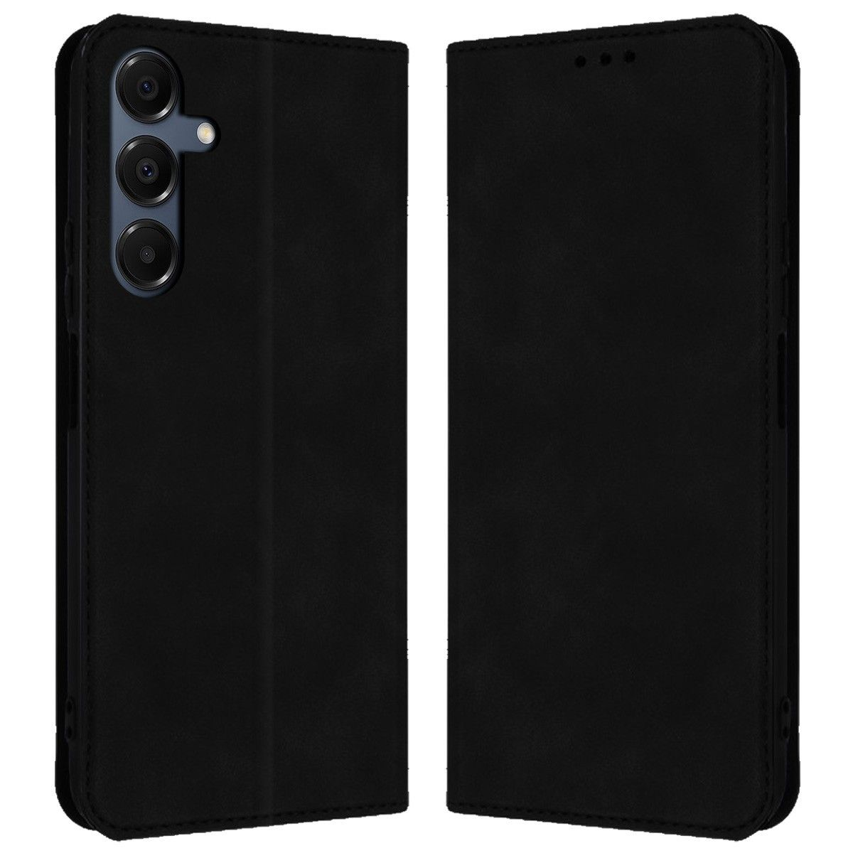 Custodia per smartphone nera, chiusa e aperta.