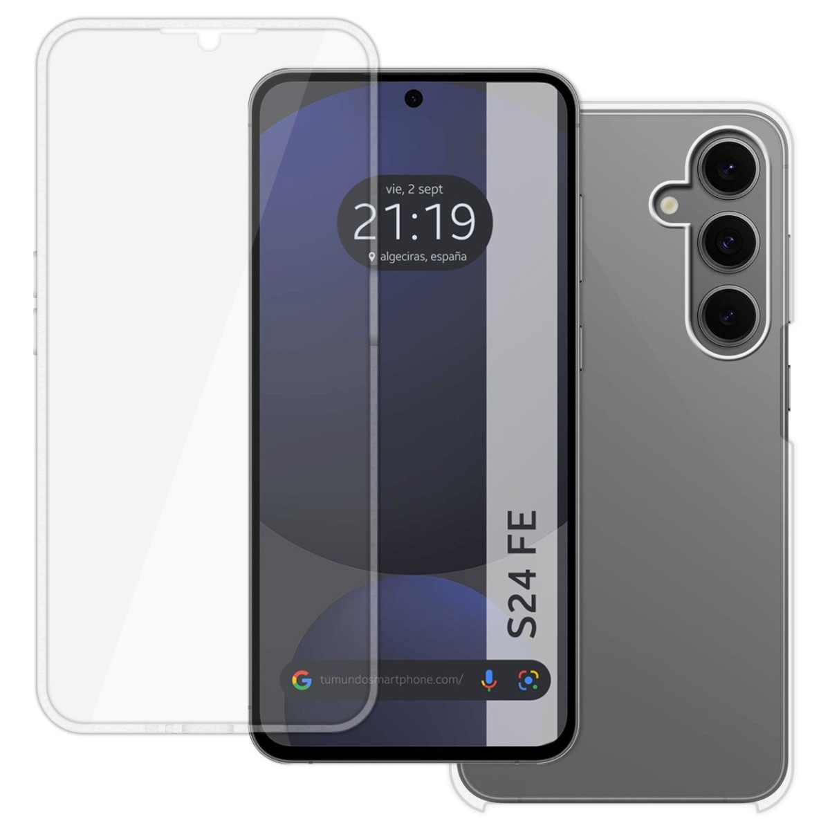 Uno smartphone con proteggi schermo applicato, che mostra l'ora e una barra di ricerca Google.