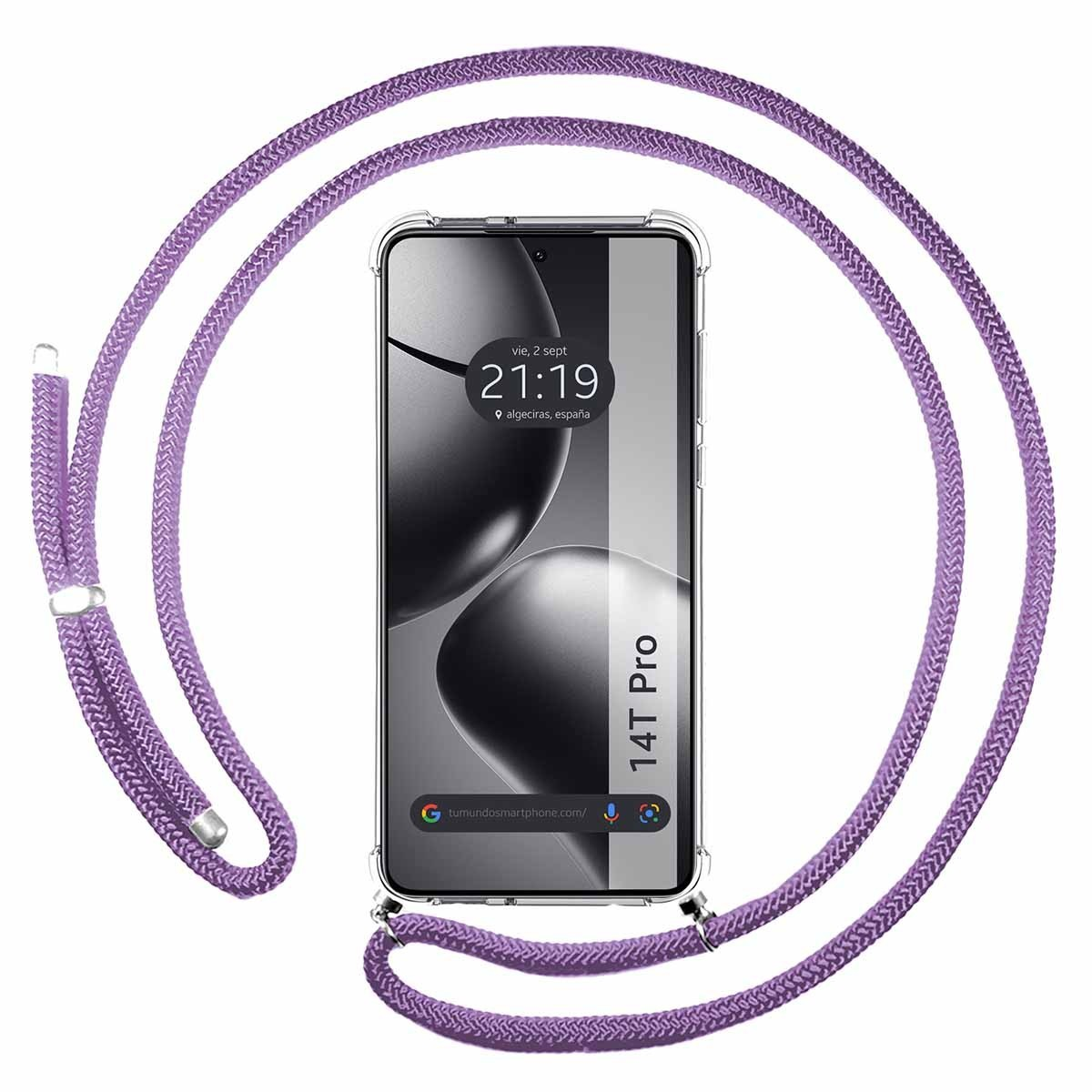 Telefono con cordino viola. Il telefono mostra l'ora. Lo sfondo è bianco.