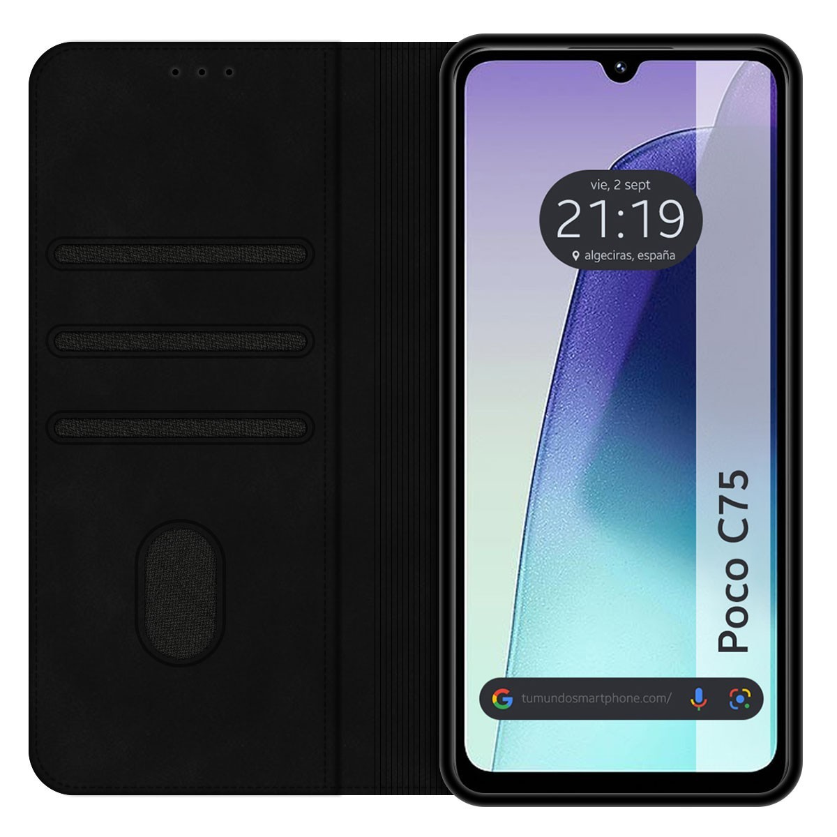 Smartphone nero in custodia a libro aperta, mostra orologio sullo schermo.