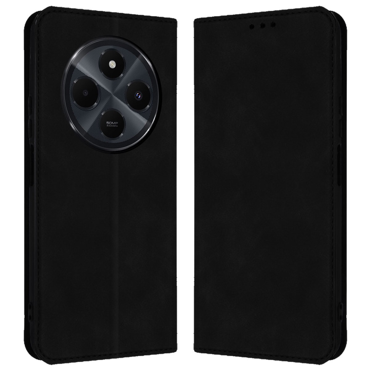 Smartphone nero in una custodia in pelle nera chiusa, che mostra il retro.