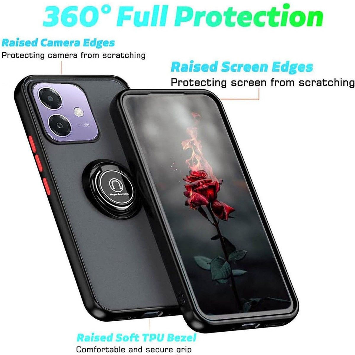Custodie per telefono con cornice nera, un anello e un telefono con immagine di rosa rossa.