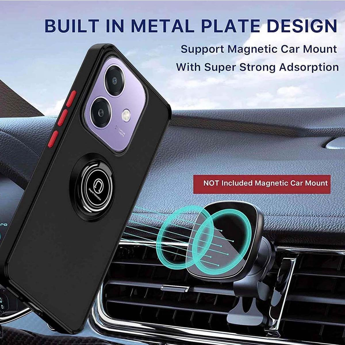 Custodia nera con supporto magnetico per auto. La custodia ha un supporto ad anello.