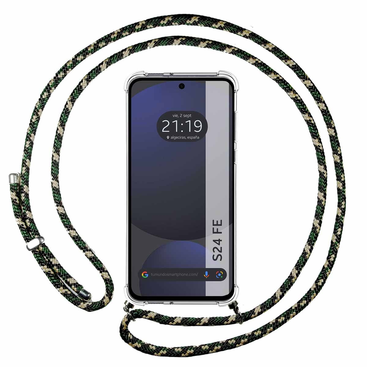 Telefono con cinturino. Il cinturino è nero e verde.
